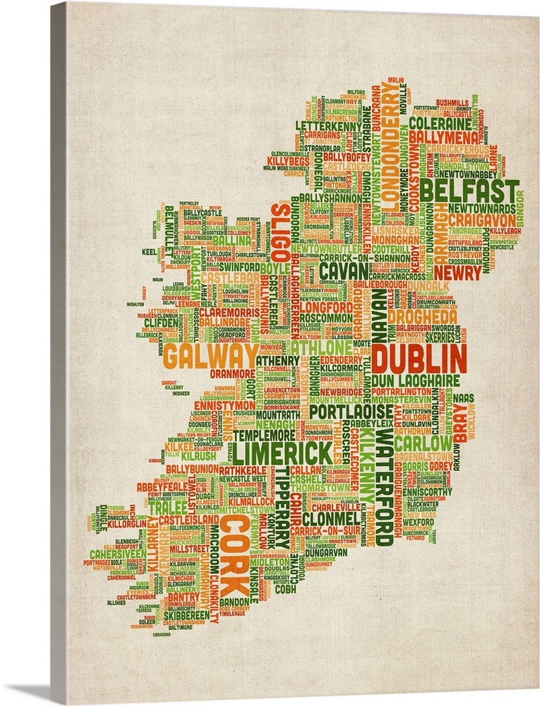 Irish Cities Text Map, Irish Colors on Parchment Wall Art, Canvas Prints, Framed Prints, Wall