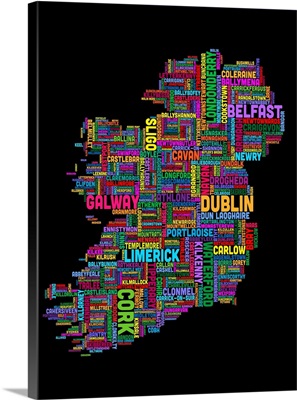 Irish Cities Text Map, Multicolor on Black