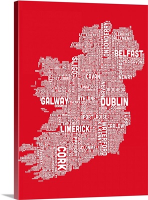 Irish Cities Text Map, Red