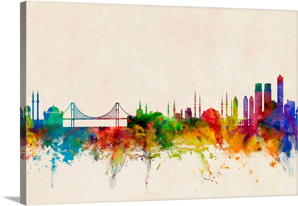Contemporary piece of artwork of the Istanbul skyline made of colorful paint splashes.