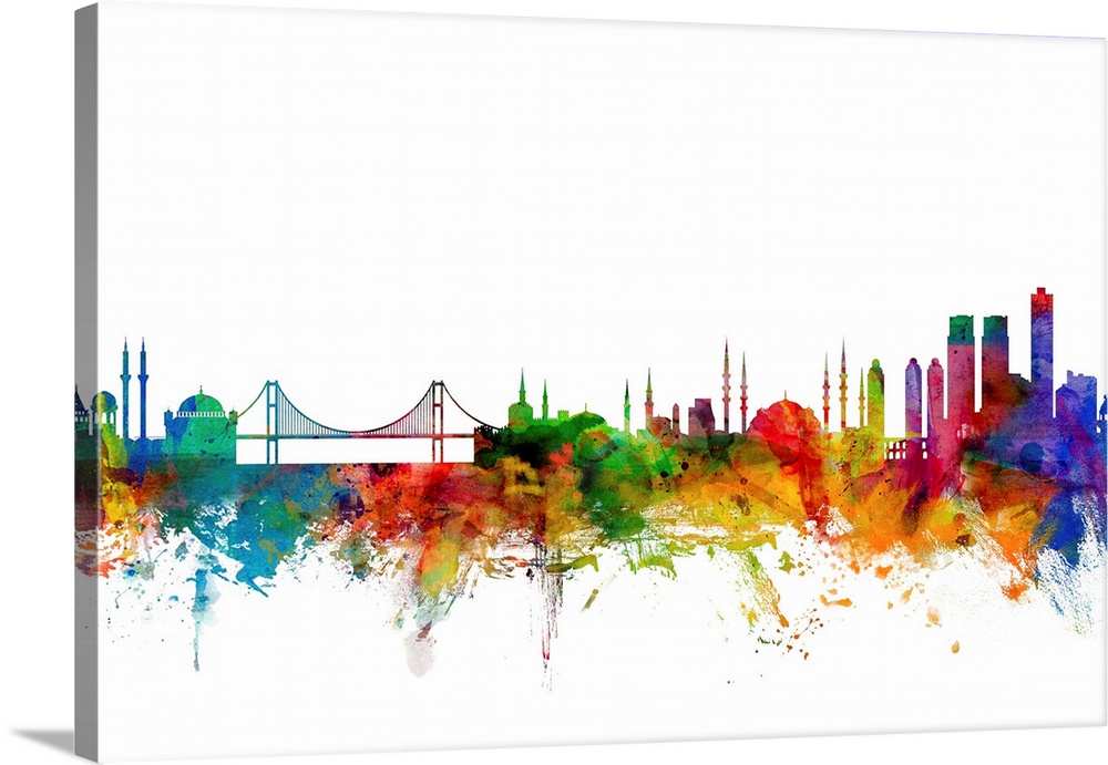 Watercolor artwork of the Istanbul skyline against a white background.