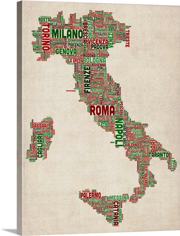 Italian Cities Text Map, Italian Colors on Parchment Wall Art, Canvas ...