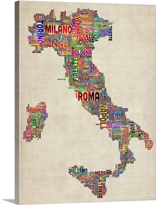 Italian Cities Text Map, Multicolor on Parchment