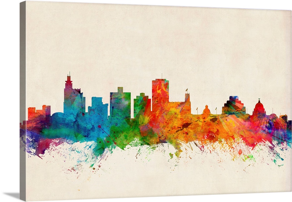 Contemporary piece of artwork of the Jackson skyline made of colorful paint splashes.