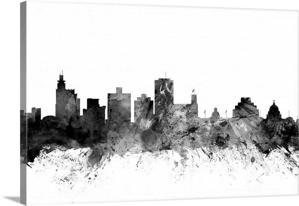 Contemporary artwork of the Jackson city skyline in black watercolor paint splashes.