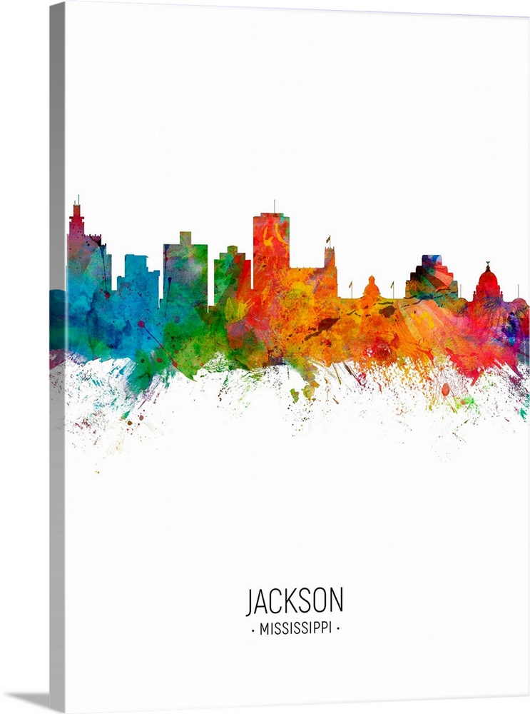 Watercolor art print of the skyline of Jackson, Mississippi, United States