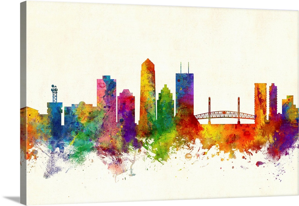 Watercolor art print of the skyline of Jacksonville, Florida, United States