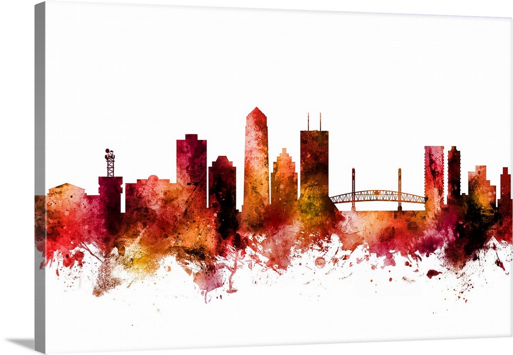 Watercolor art print of the skyline of Jacksonville, Florida, United States.