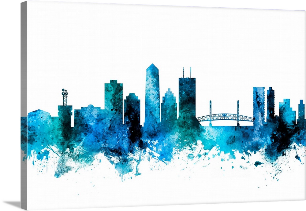 Watercolor art print of the skyline of Jacksonville, Florida, United States.