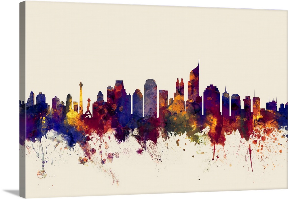 Watercolor art print of the skyline of Jakarta, Indonesia.