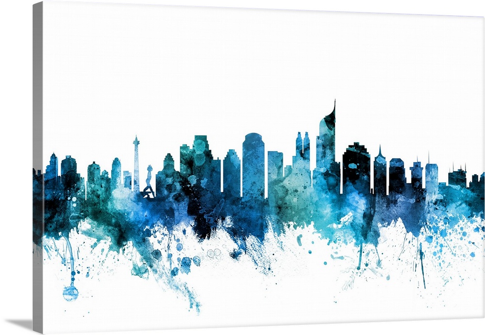 Watercolor art print of the skyline of Jakarta, Indonesia.