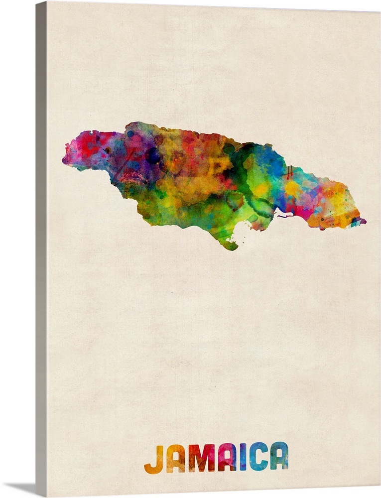 Watercolor art map of the country Jamaica against a weathered beige background.