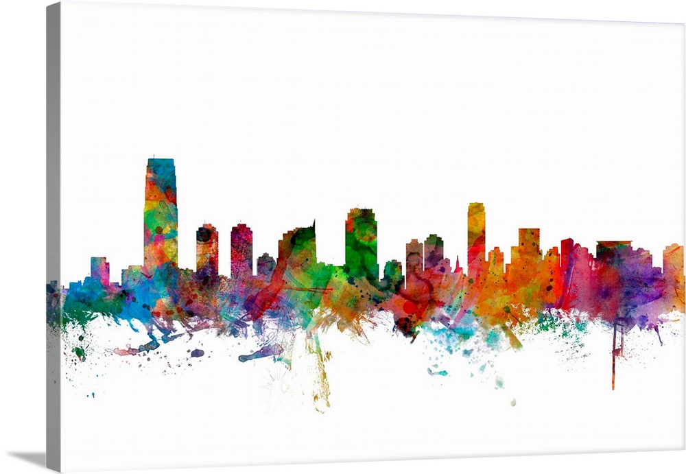 Watercolor artwork of the Jersey City skyline against a white background.