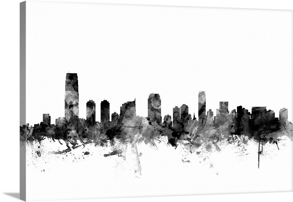 Contemporary artwork of the Jersey City skyline in black watercolor paint splashes.
