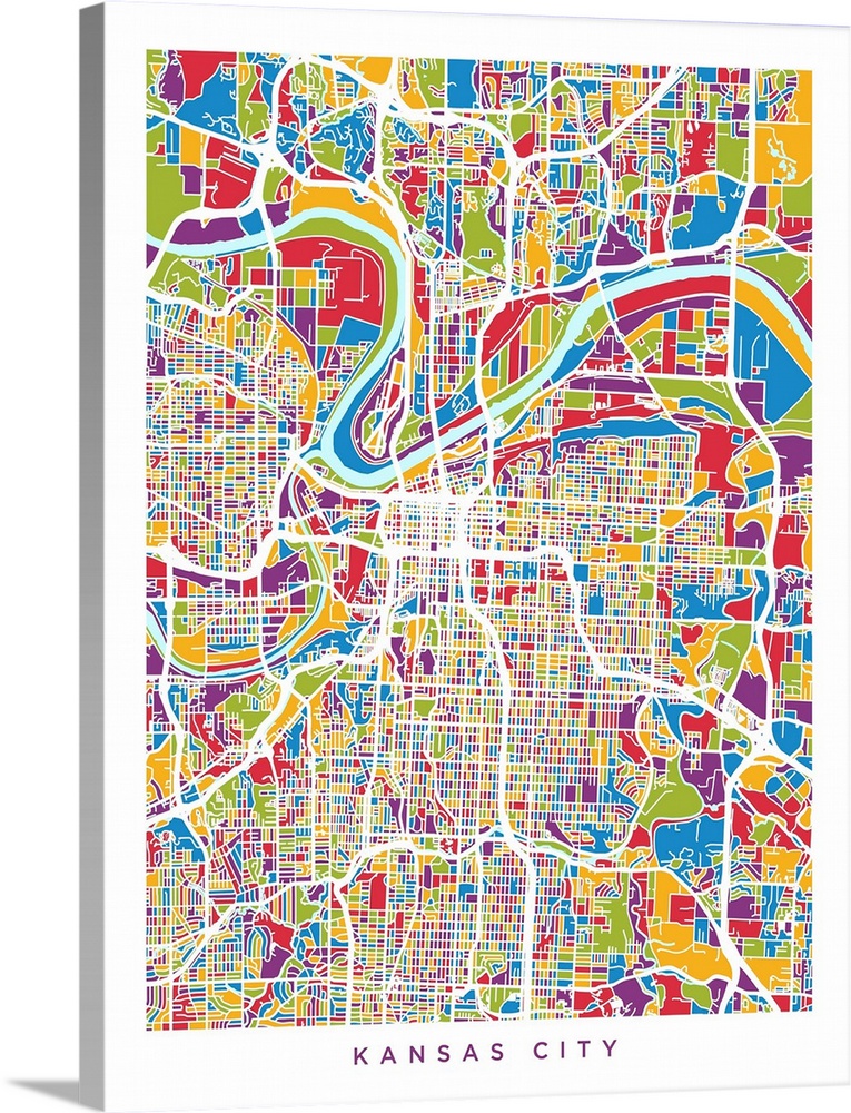 Watercolor street map of Kansas City, Missouri, United States