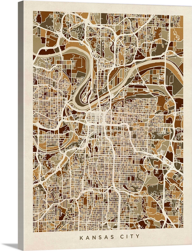 Watercolor street map of Kansas City, Missouri, United States