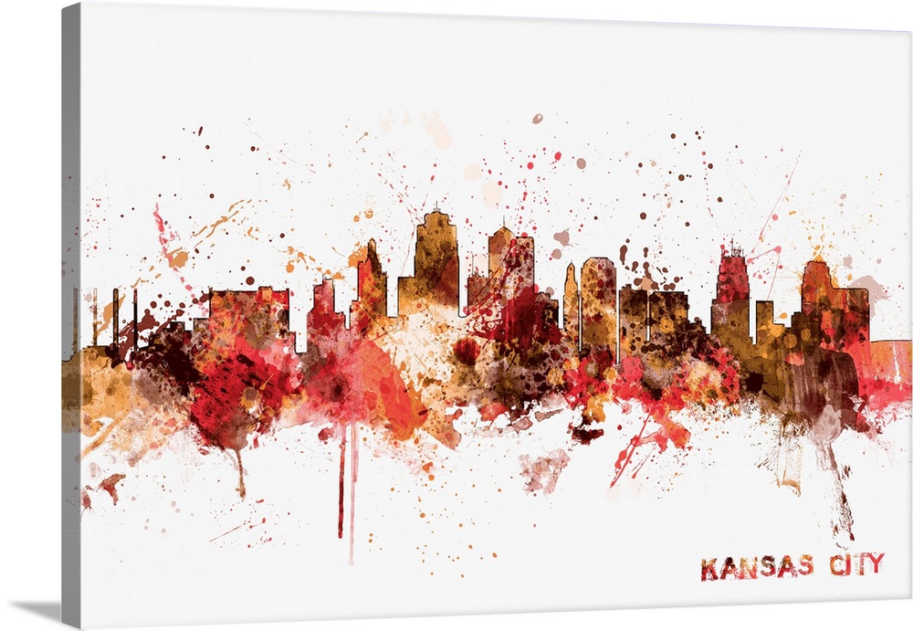 Watercolor and paint splashes art print of the skyline of Kansas City, Missouri, United States.