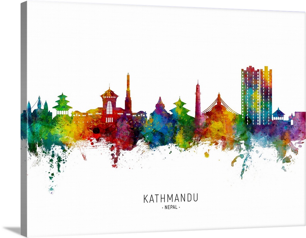 Watercolor art print of the skyline of Kathmandu, Nepal