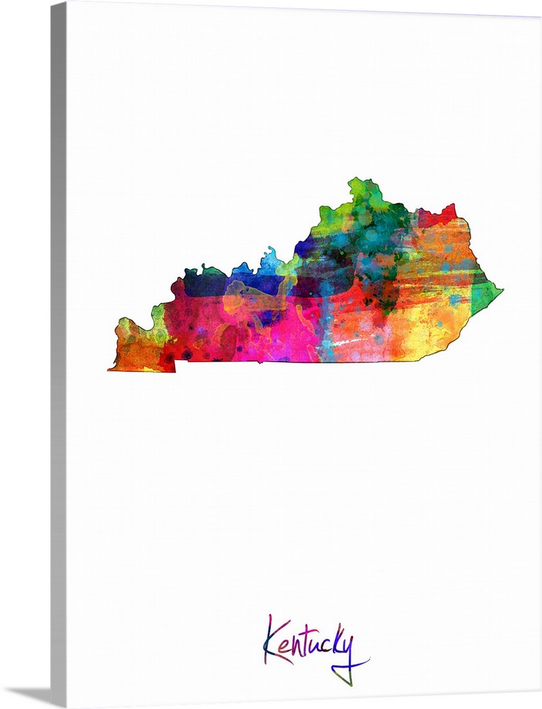 Contemporary artwork of a map of Kentucky made of colorful paint splashes.