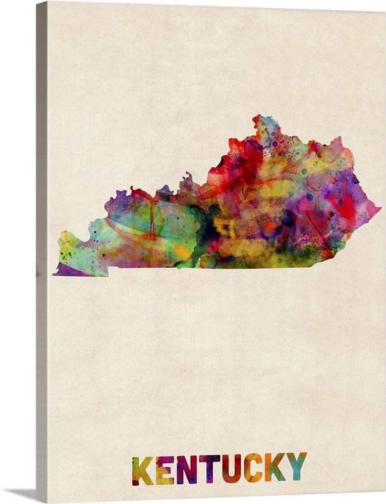Contemporary piece of artwork of a map of Kentucky made up of watercolor splashes.