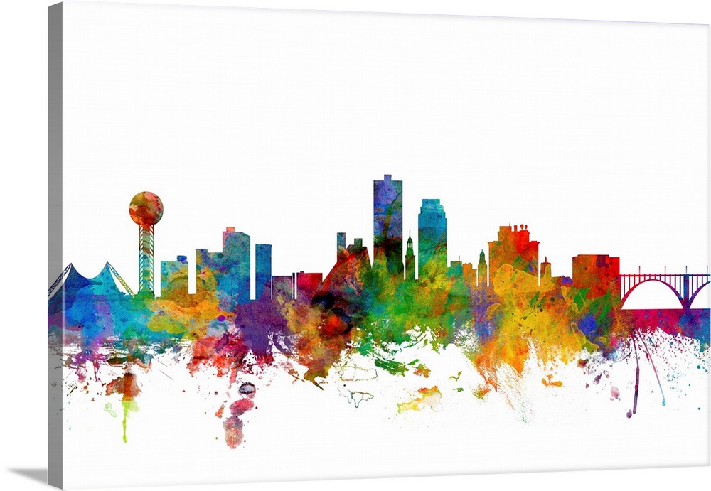 Colorful watercolor splattered silhouetted of the Knoxville city skyline.