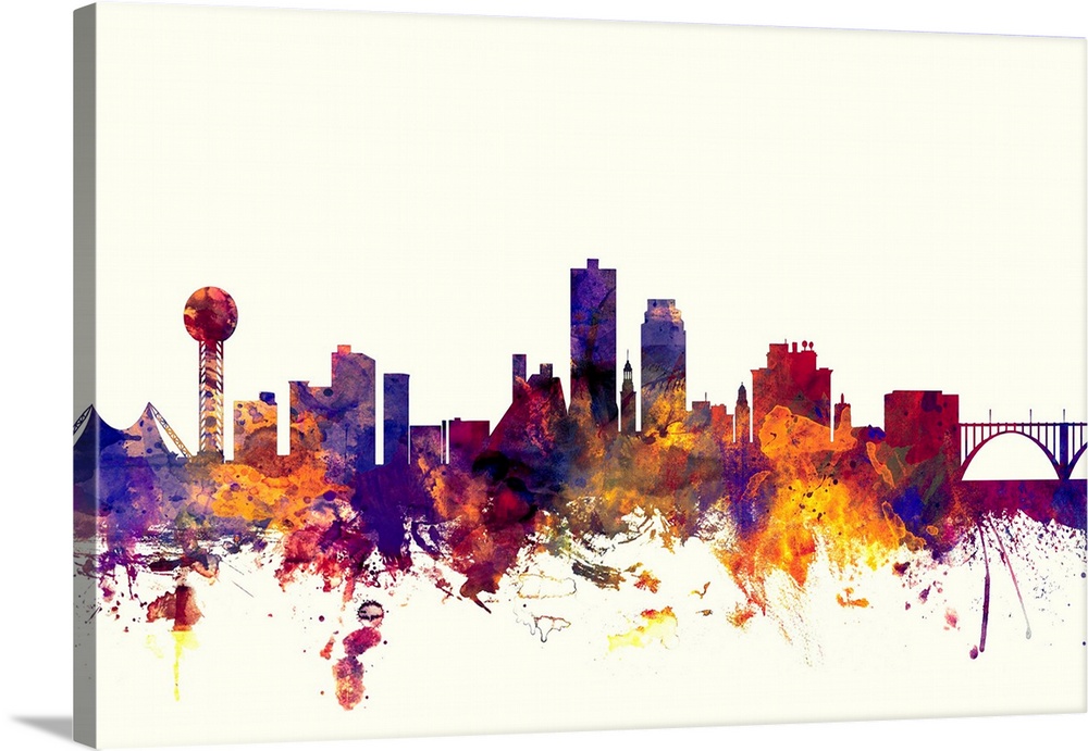Dark watercolor splattered silhouette of the Knoxville city skyline.