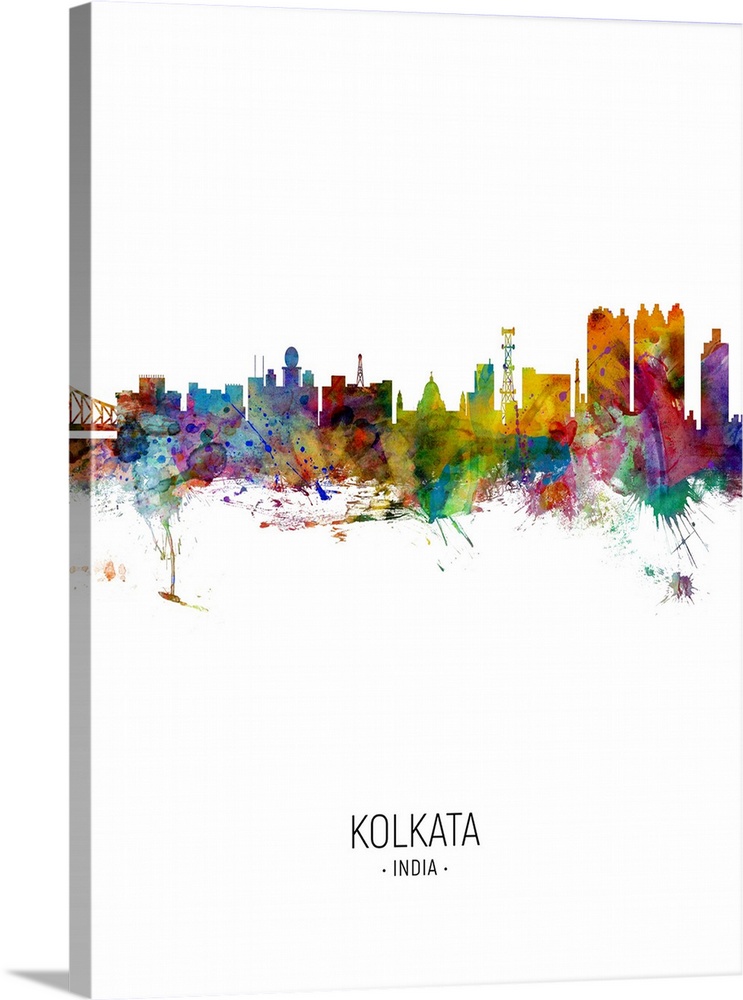Watercolor art print of the skyline of Kolkata (Calcutta), West Bengal, India