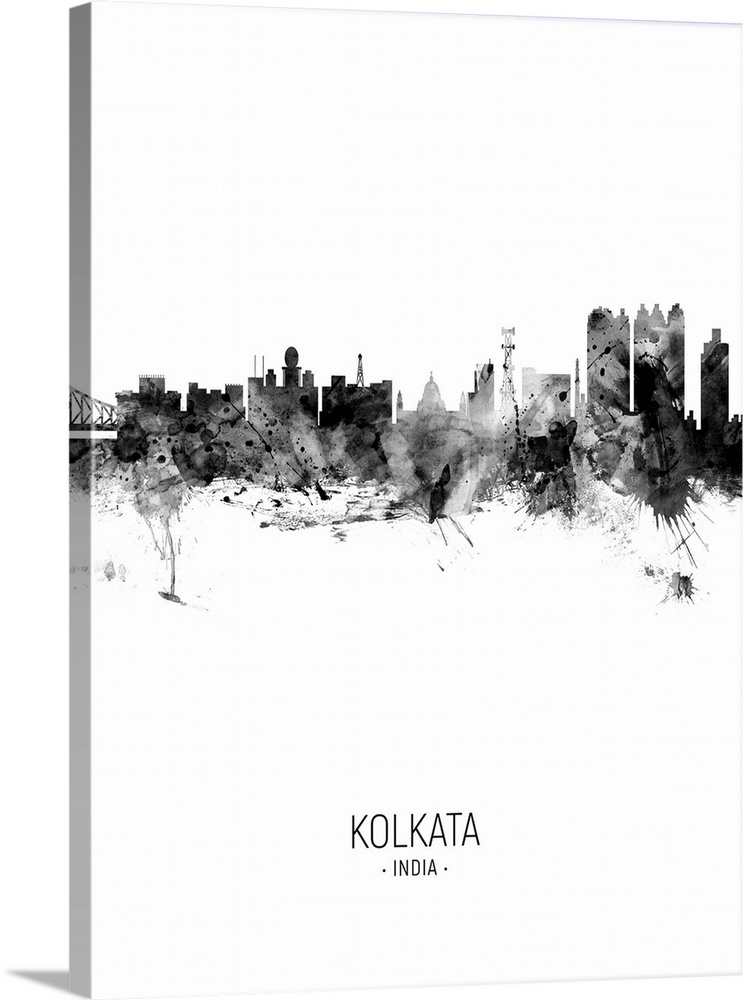 Watercolor art print of the skyline of Kolkata (Calcutta), West Bengal, India