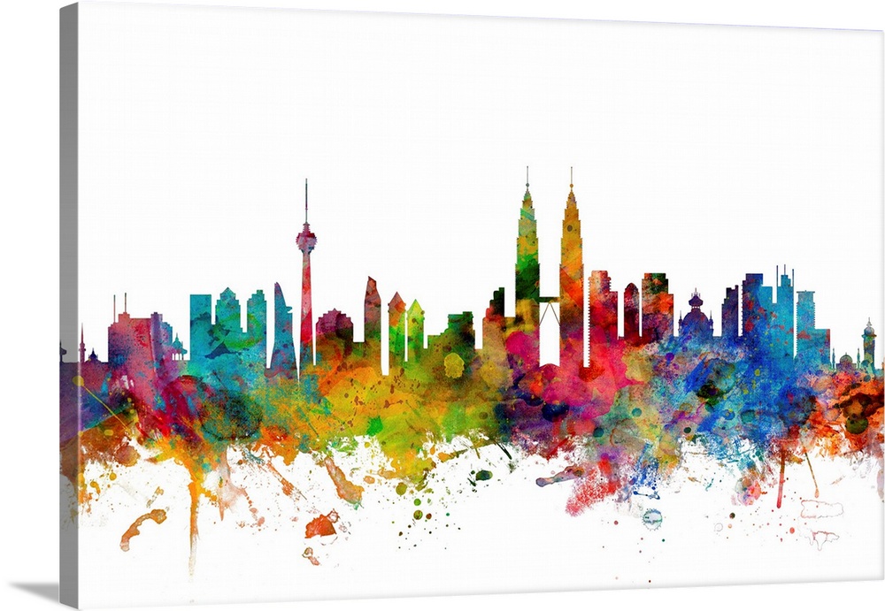 Watercolor artwork of the Kuala Lumpur skyline against a white background.