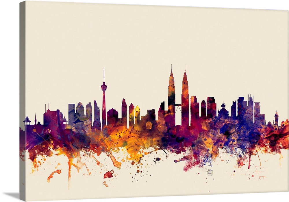 Contemporary artwork of the Kuala Lumpur city skyline in watercolor paint splashes.