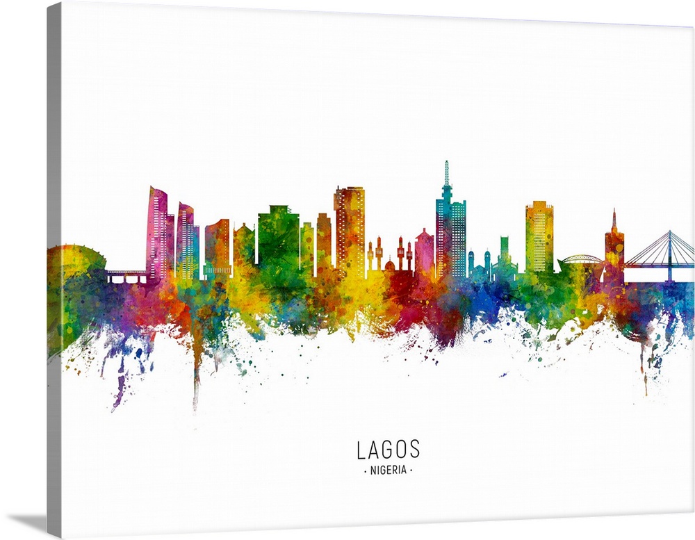 Watercolor art print of the skyline of Lagos, Nigeria