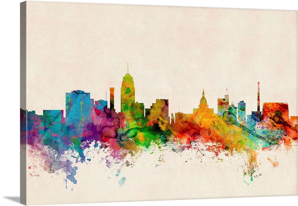 Contemporary piece of artwork of the Lansing skyline made of colorful paint splashes.