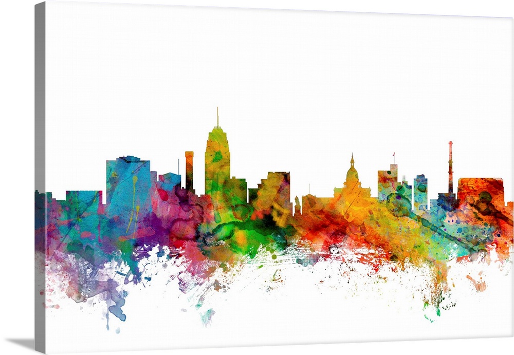 Watercolor artwork of the Lansing skyline against a white background.