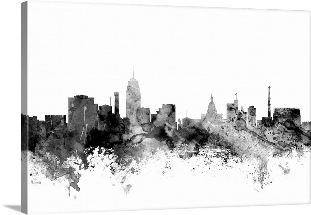 Contemporary artwork of the Lansing city skyline in black watercolor paint splashes.