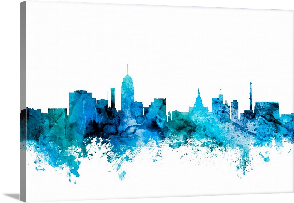 Watercolor art print of the skyline of Lansing, Michigan, United States.