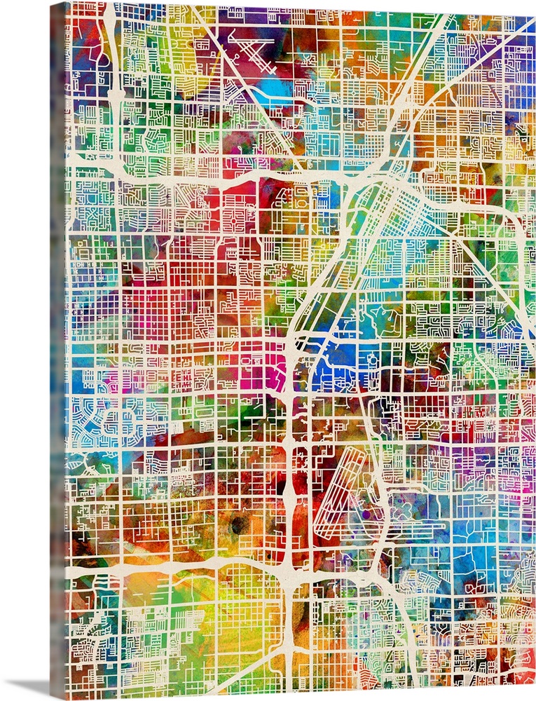 Watercolor art map of Las Vegas city streets.
