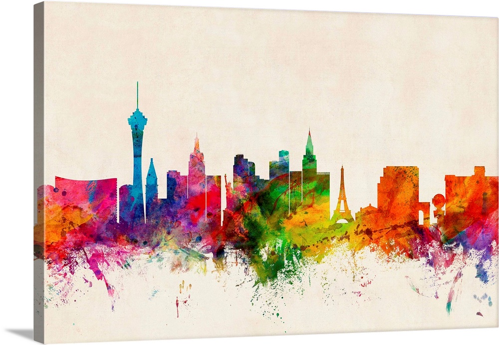 Contemporary piece of artwork of the Las Vegas skyline made of colorful paint splashes.