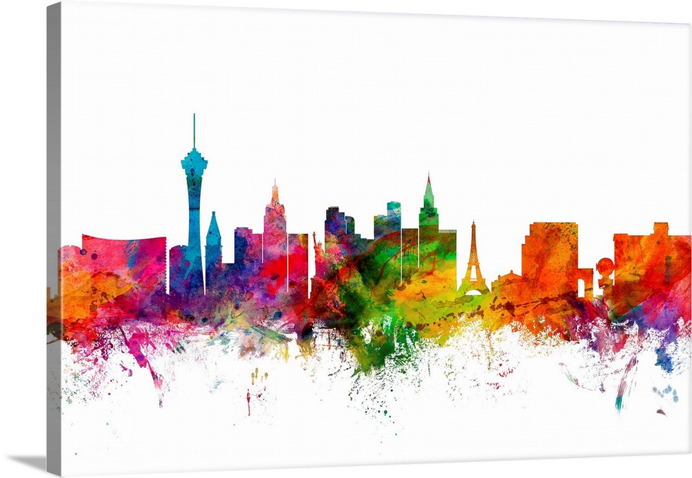 Watercolor artwork of the Las Vegas skyline against a white background.