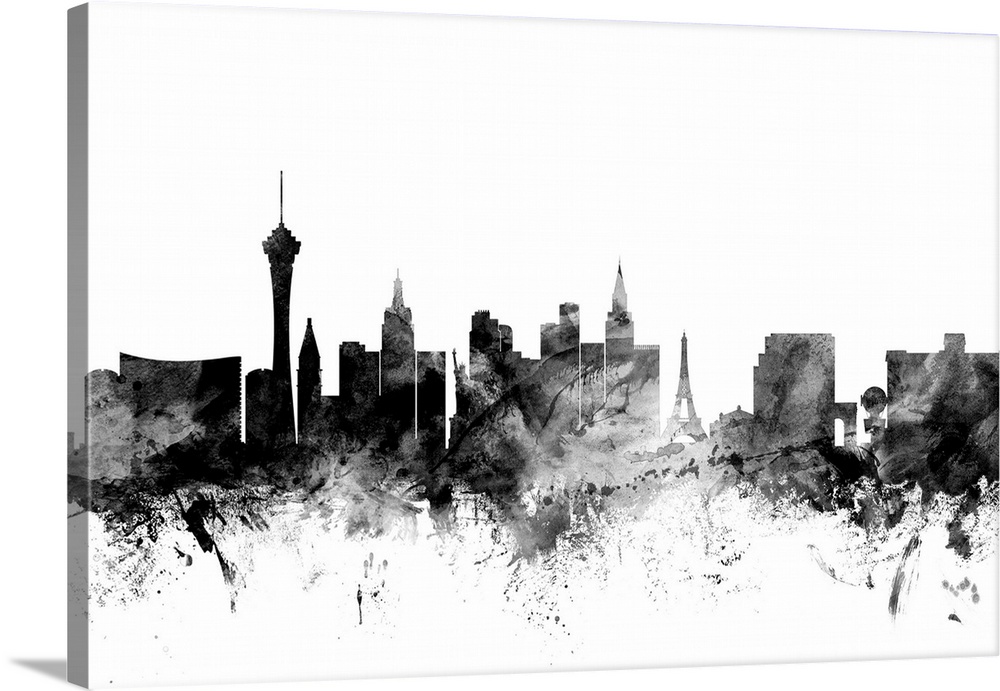 Contemporary artwork of the Las Vegas city skyline in black watercolor paint splashes.