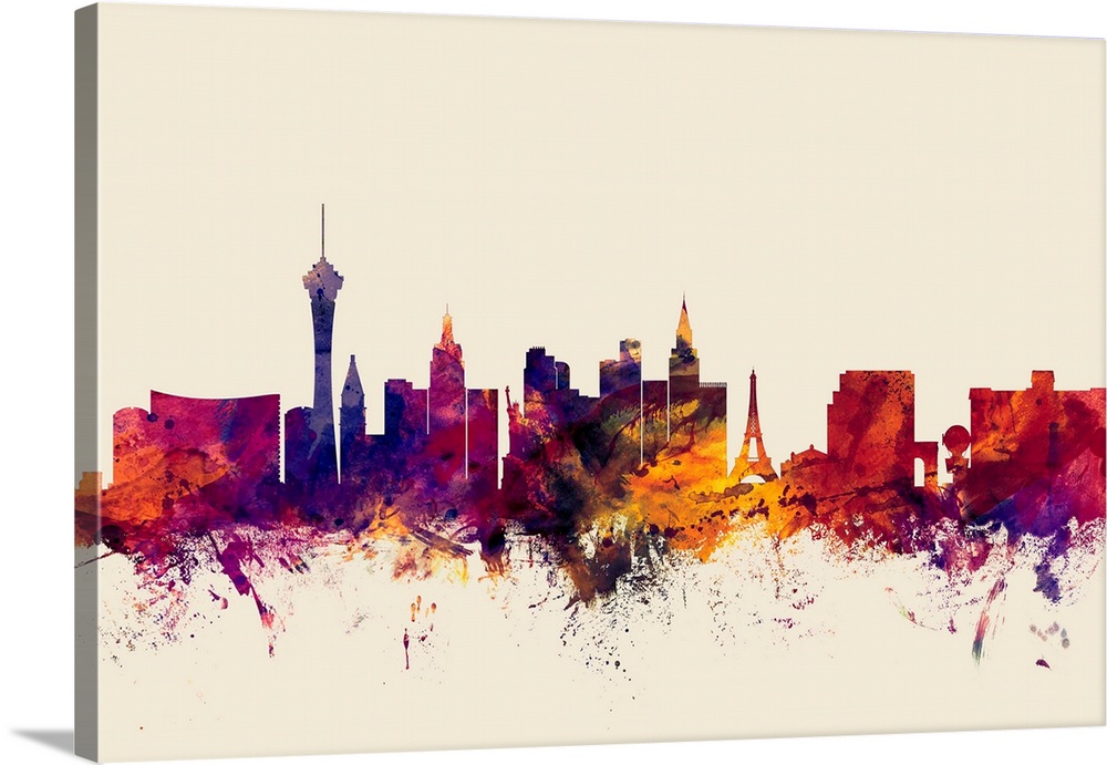 Contemporary artwork of the Las Vegas city skyline in watercolor paint splashes.