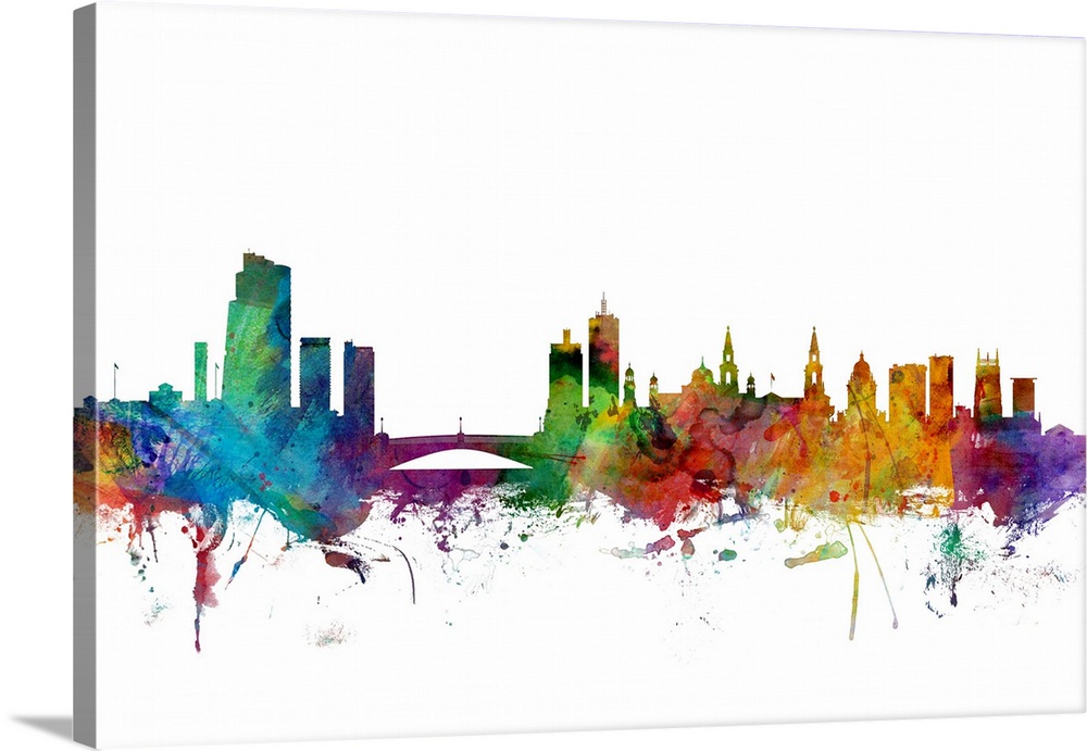 Contemporary piece of artwork of the Leeds skyline made of colorful paint splashes.