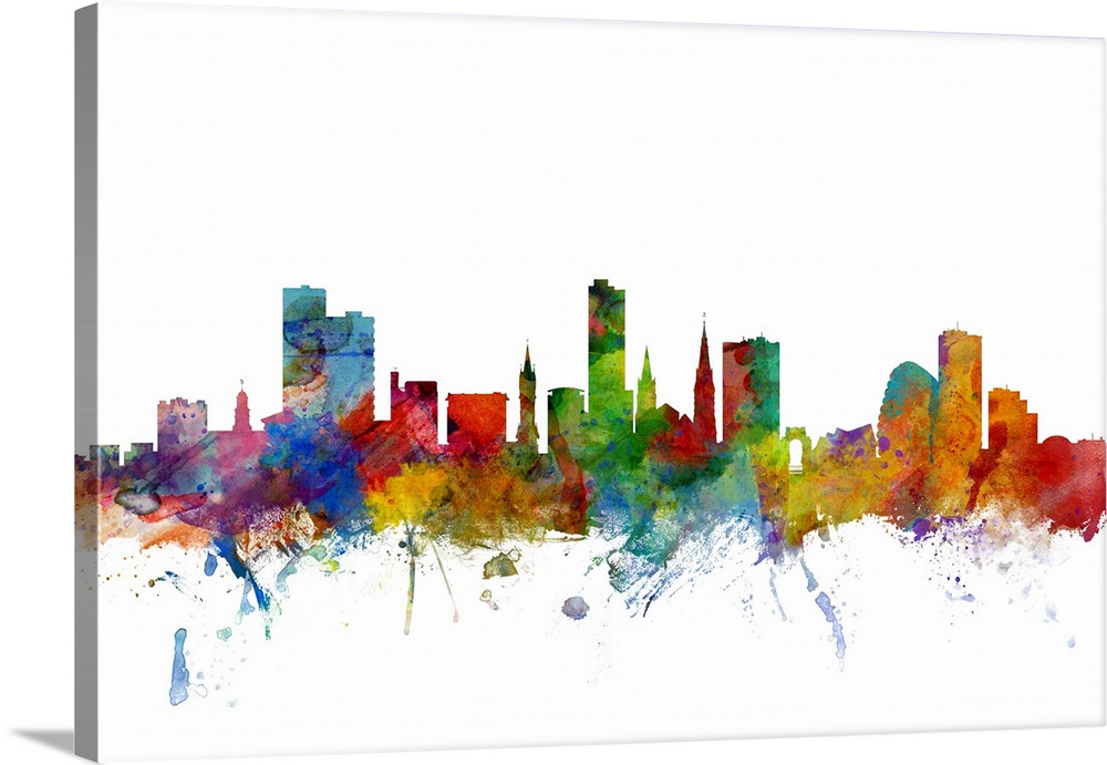 Contemporary piece of artwork of the Leicester skyline made of colorful paint splashes.