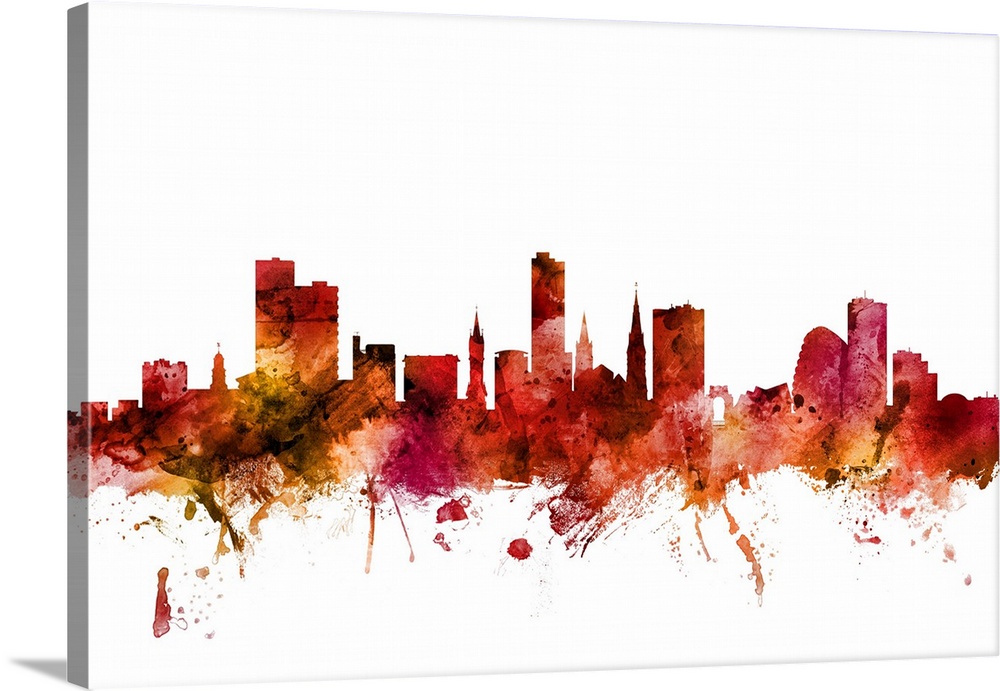 Watercolor art print of the skyline of Leicester, England, United Kingdom.