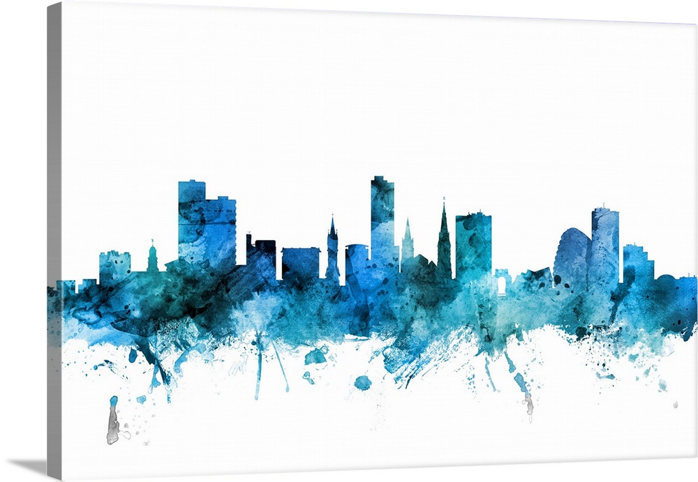 Watercolor art print of the skyline of Leicester, England, United Kingdom.