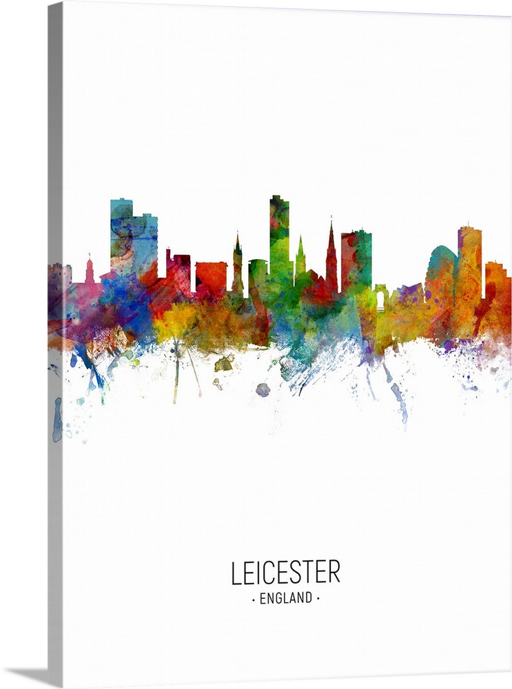 Watercolor art print of the skyline of Leicester, England, United Kingdom