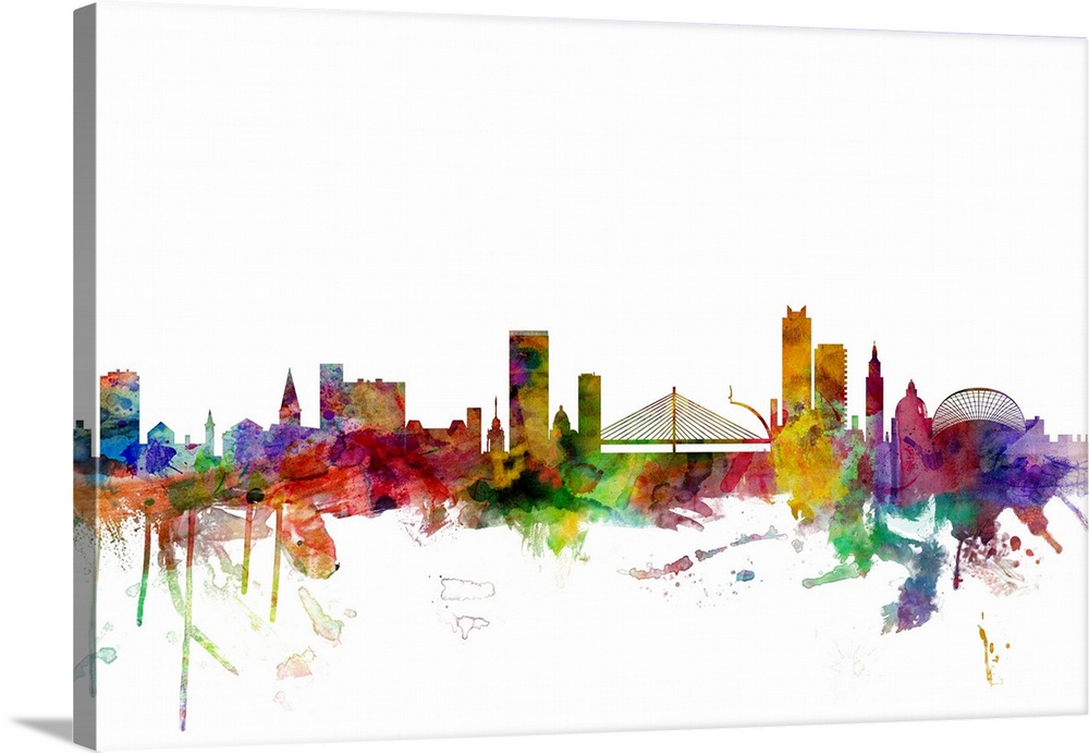Watercolor artwork of the Liege skyline against a white background.
