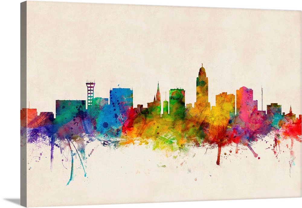 Contemporary piece of artwork of the Lincoln skyline made of colorful paint splashes.