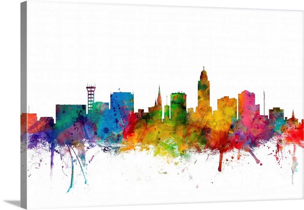 Watercolor artwork of the Lincoln skyline against a white background.