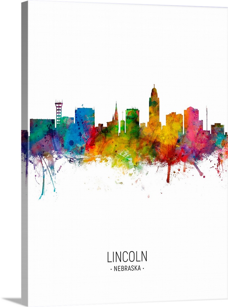Watercolor art print of the skyline of Lincoln, Nebraska, United States