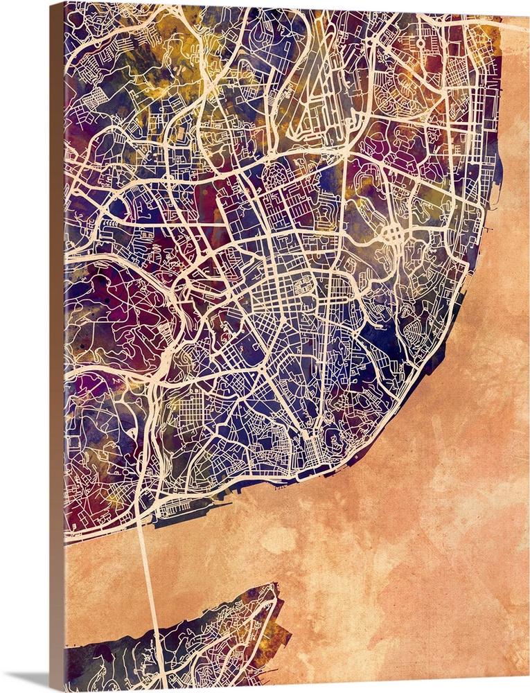 Watercolor street map of Lisbon, Portugal.